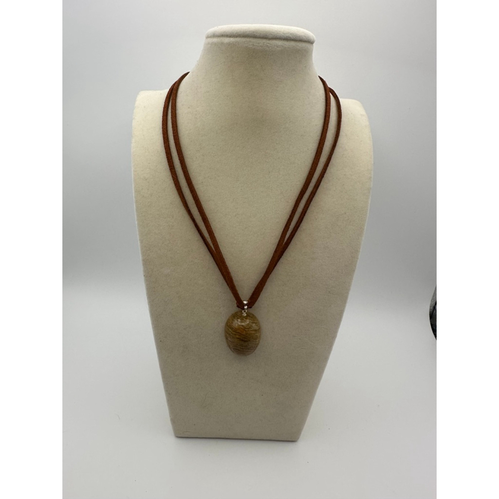 Oval Thousand Layer Garden Quartz Pendant Necklace on Brown Faux Suede - Picture 2 of 10